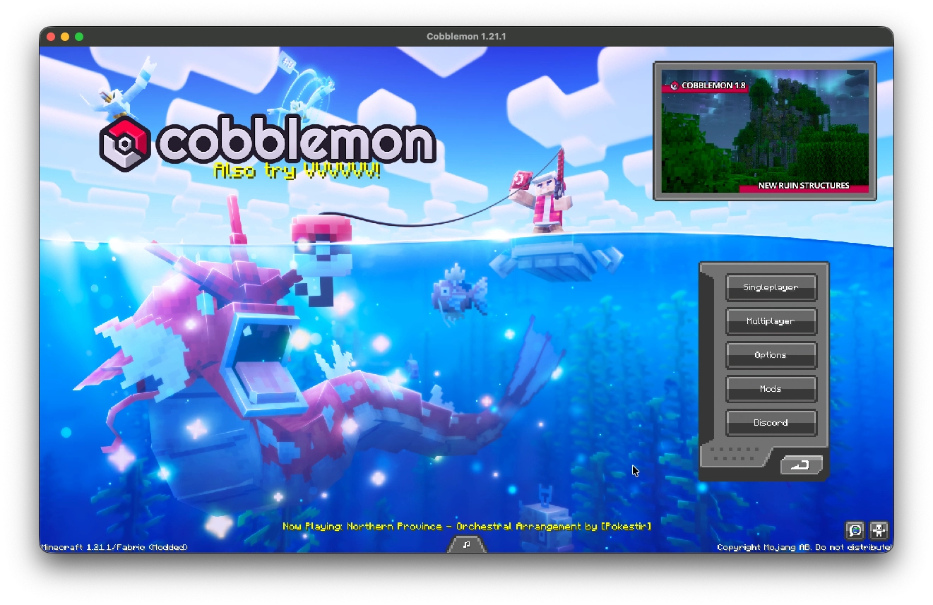 Screenshot of the Cobblemon instance's main menu screen.