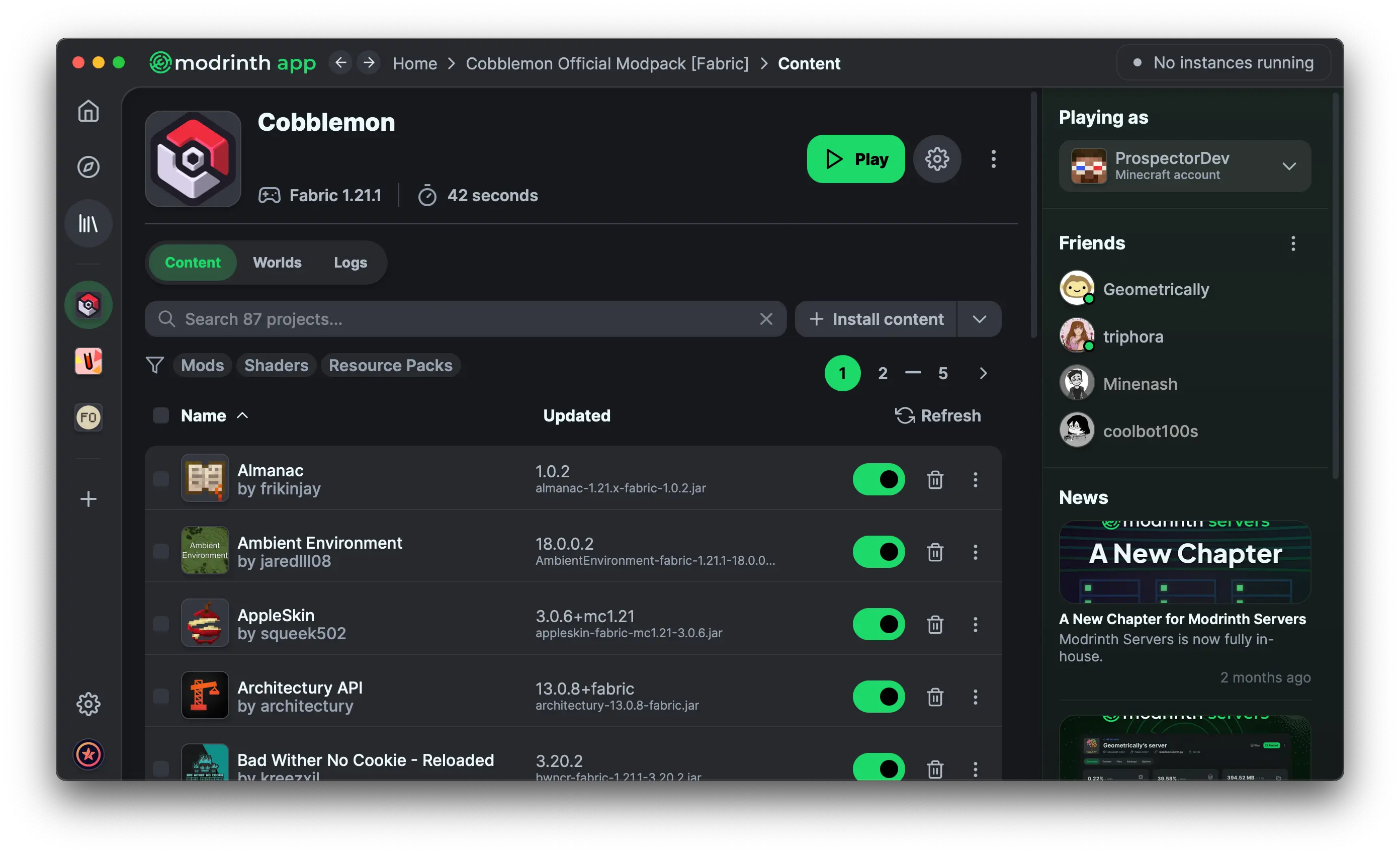 Screenshot of Modrinth App with a Cobblemon instance opened to the 'Content' page.
