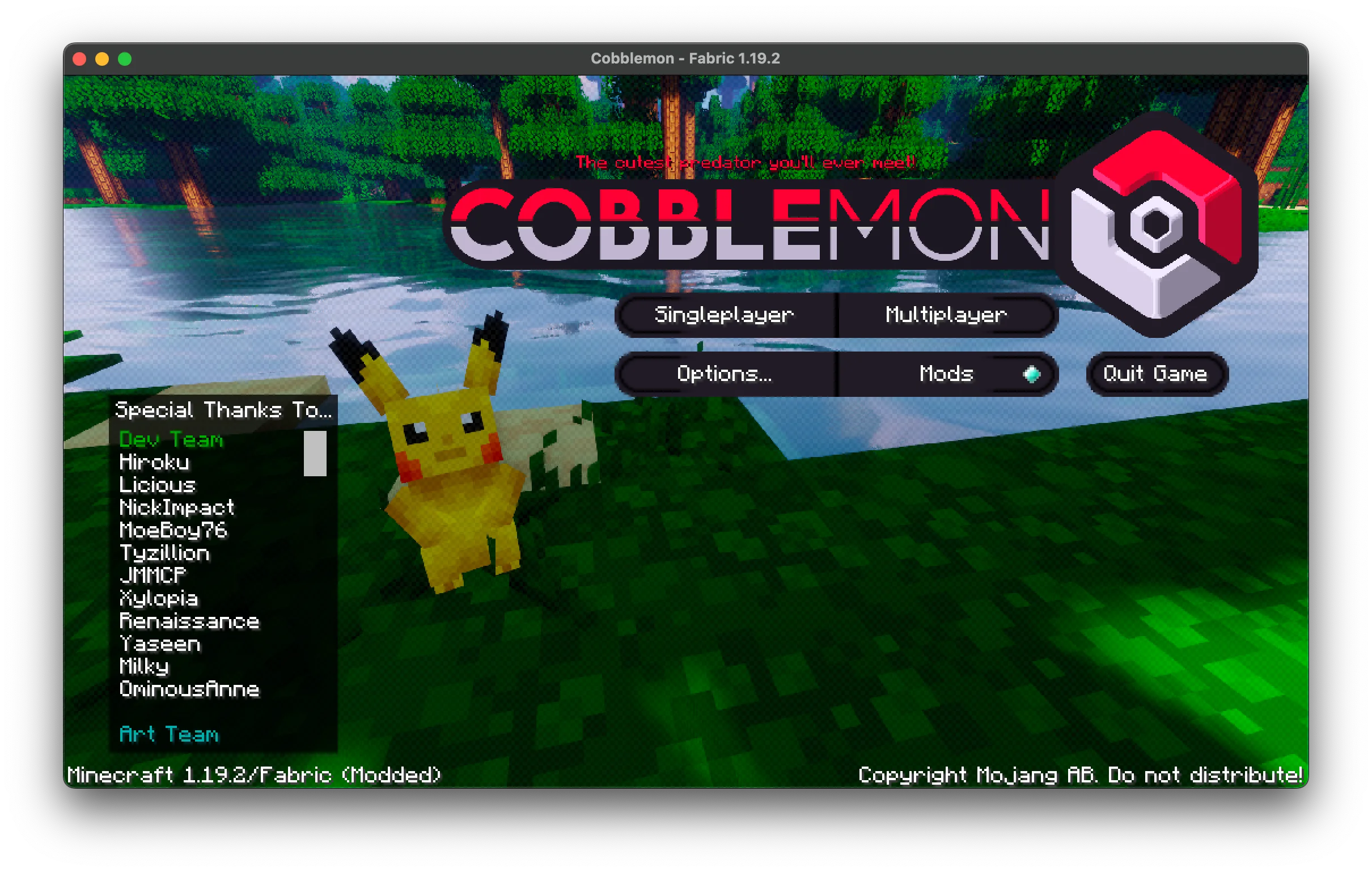 Screenshot of the Cobblemon instance's main menu screen.