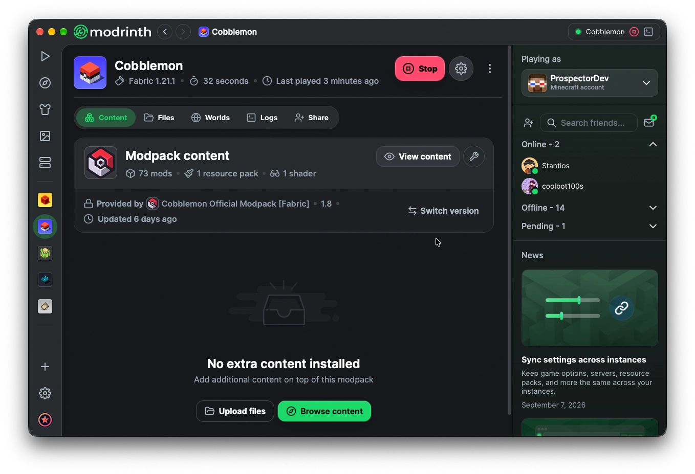 Screenshot of Modrinth App with a Cobblemon instance opened to the 'Content' page.