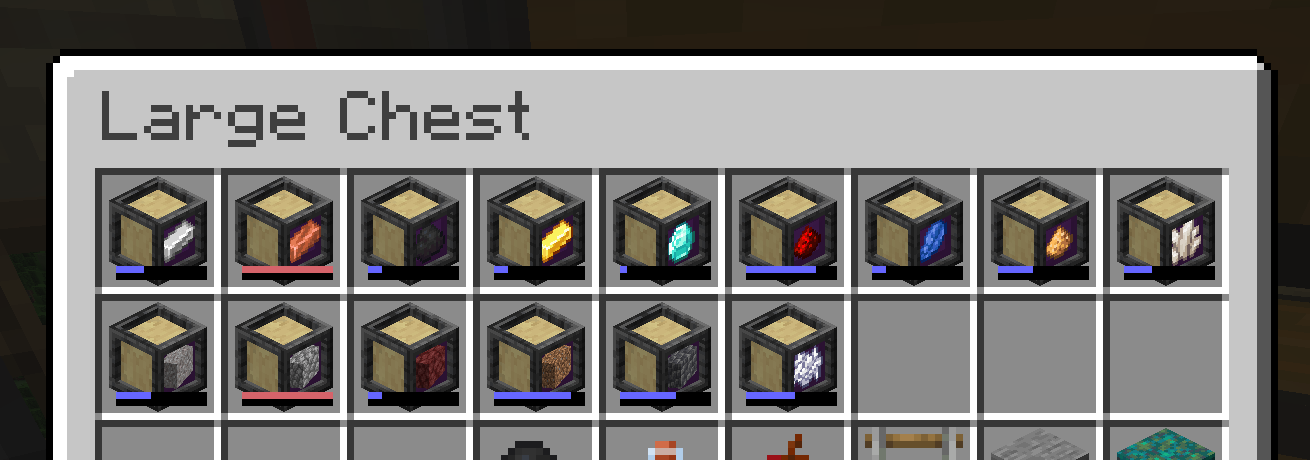 A double chest with several packages in it, containing common vanilla materials, with varying fill levels