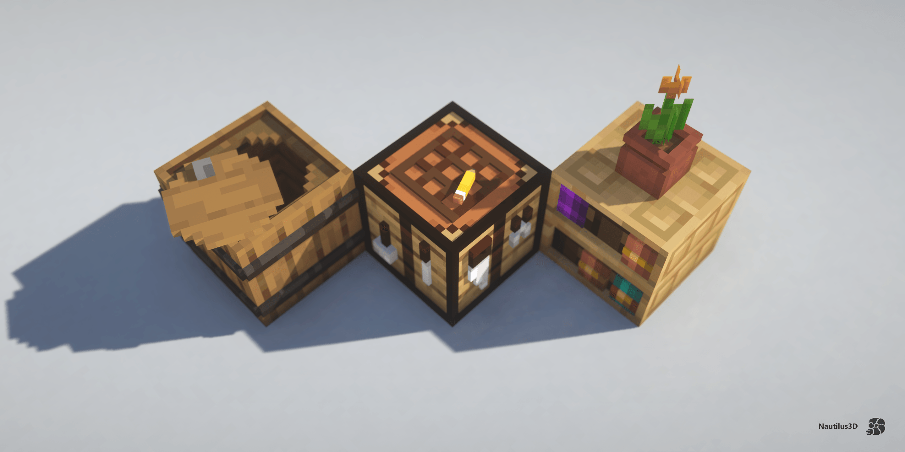 An open barrel, the crafting table and a chiseled bookshelf