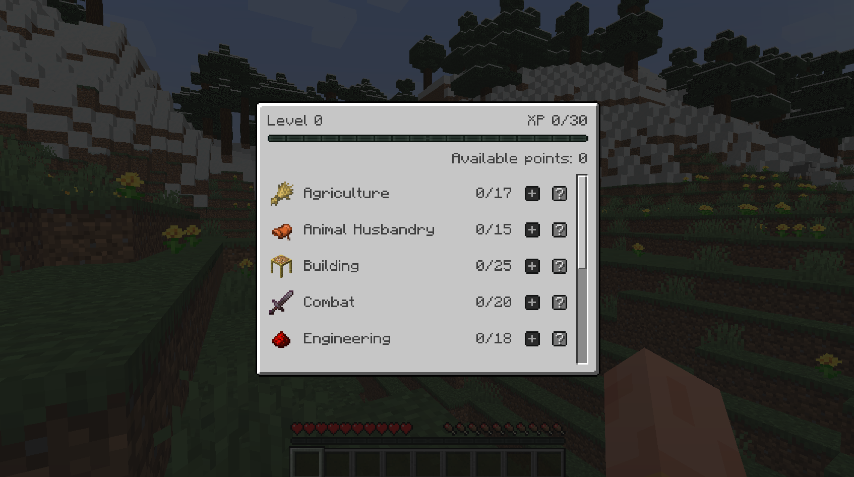 When the skills list screen is opened with 'K' (default), you can see the list of skills. Each skill shows the current level and has buttons to gain a level in that skill and to view more information about the skill.