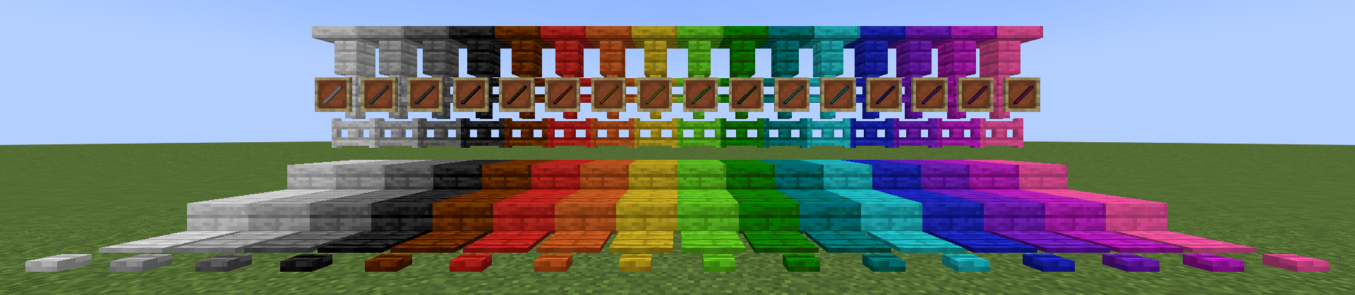 Colored planks, wooden stairs, slabs, fences, fence gates, pressure plates, buttons, tables and sticks.