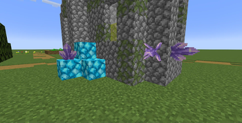 Larimar and Amethyst Clusters by a villager church