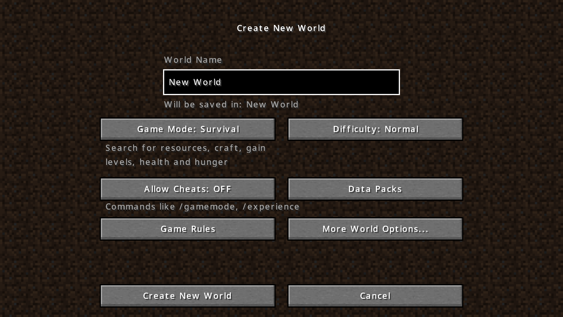 Creating New World Screen (New)