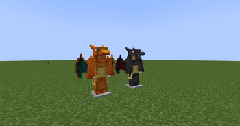 The Charizard armor model and shiny variant in the game on armor stands