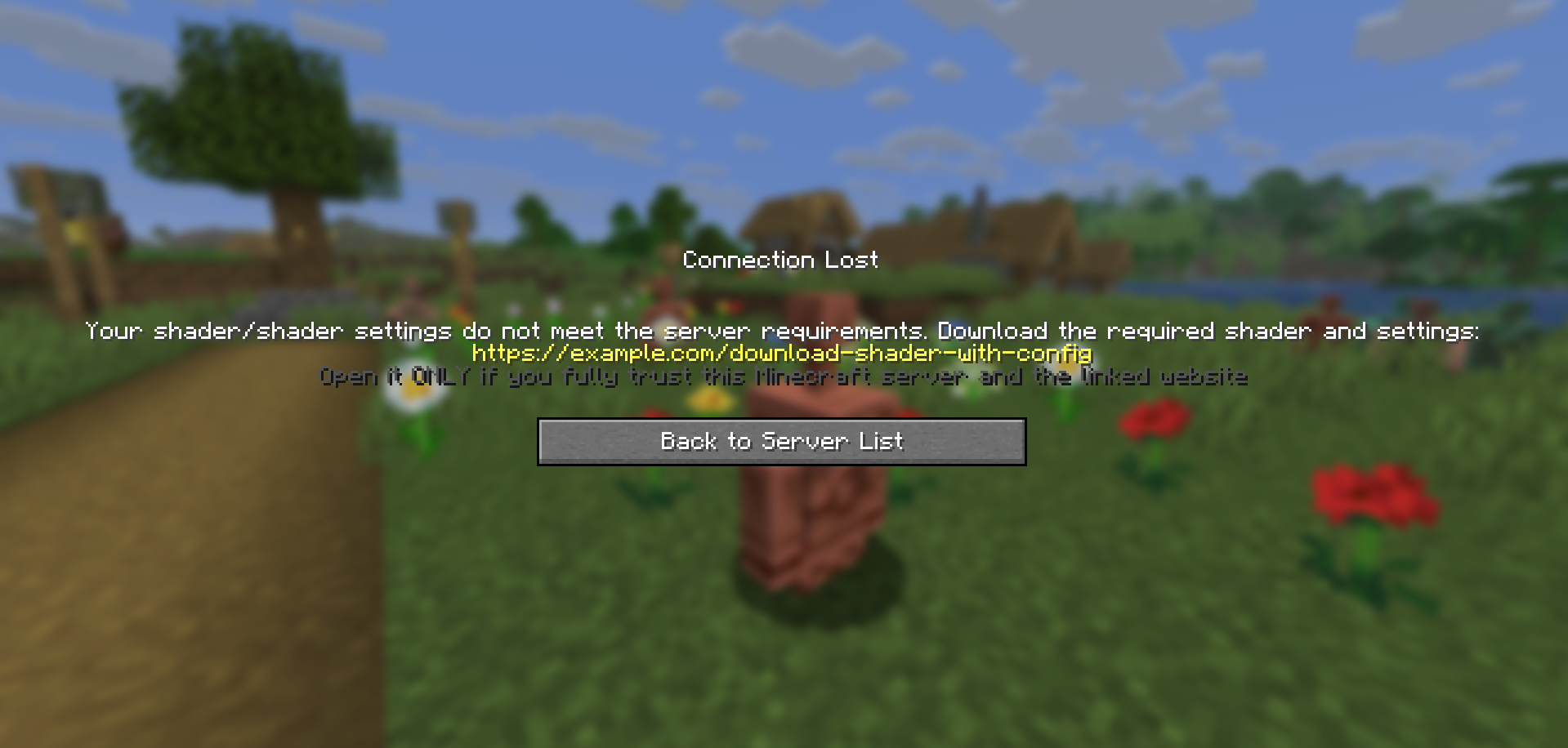 Server connection error screen: the player's shader or shader settings do not match the server's configuration. The error text suggests downloading the shader and shader settings from the specified link