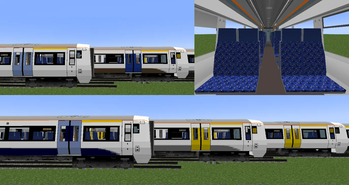 Showcases all included liveries, including: SouthEastern Blue Doors, No Stripe (Top Left), SouthEastern Dark Blue Doors, Gold Stripe (Top Middle), the Interior textures (Top Right), SouthEastern Blue Doors, Dark Blue Stripe (Bottom Left), and Yellow vers