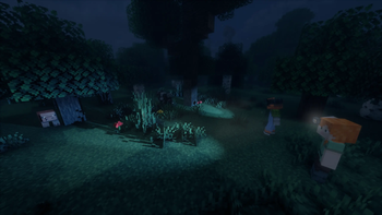 Two players in a forest (Taken while using Bliss shaders)