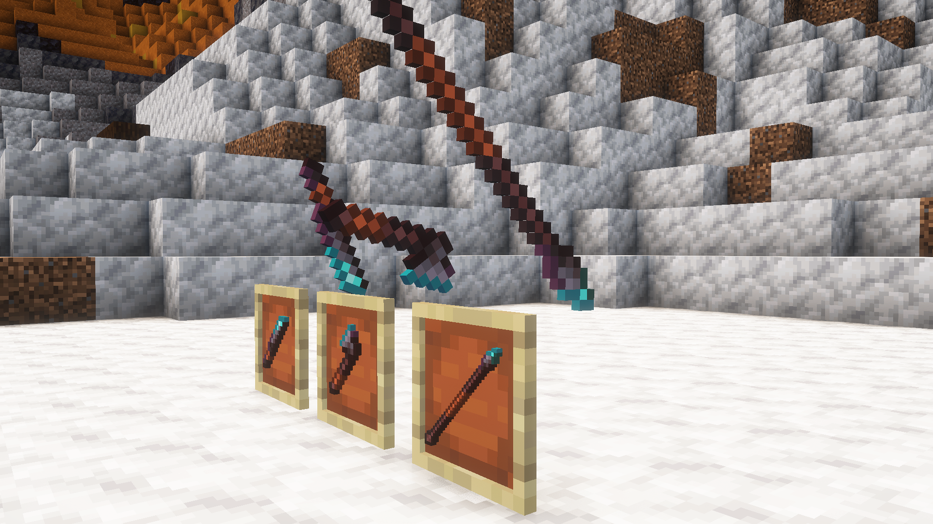 Throwing Knife, Tomahawk, and Javelin both in an item frame and embedded in the barrier holding the frames up