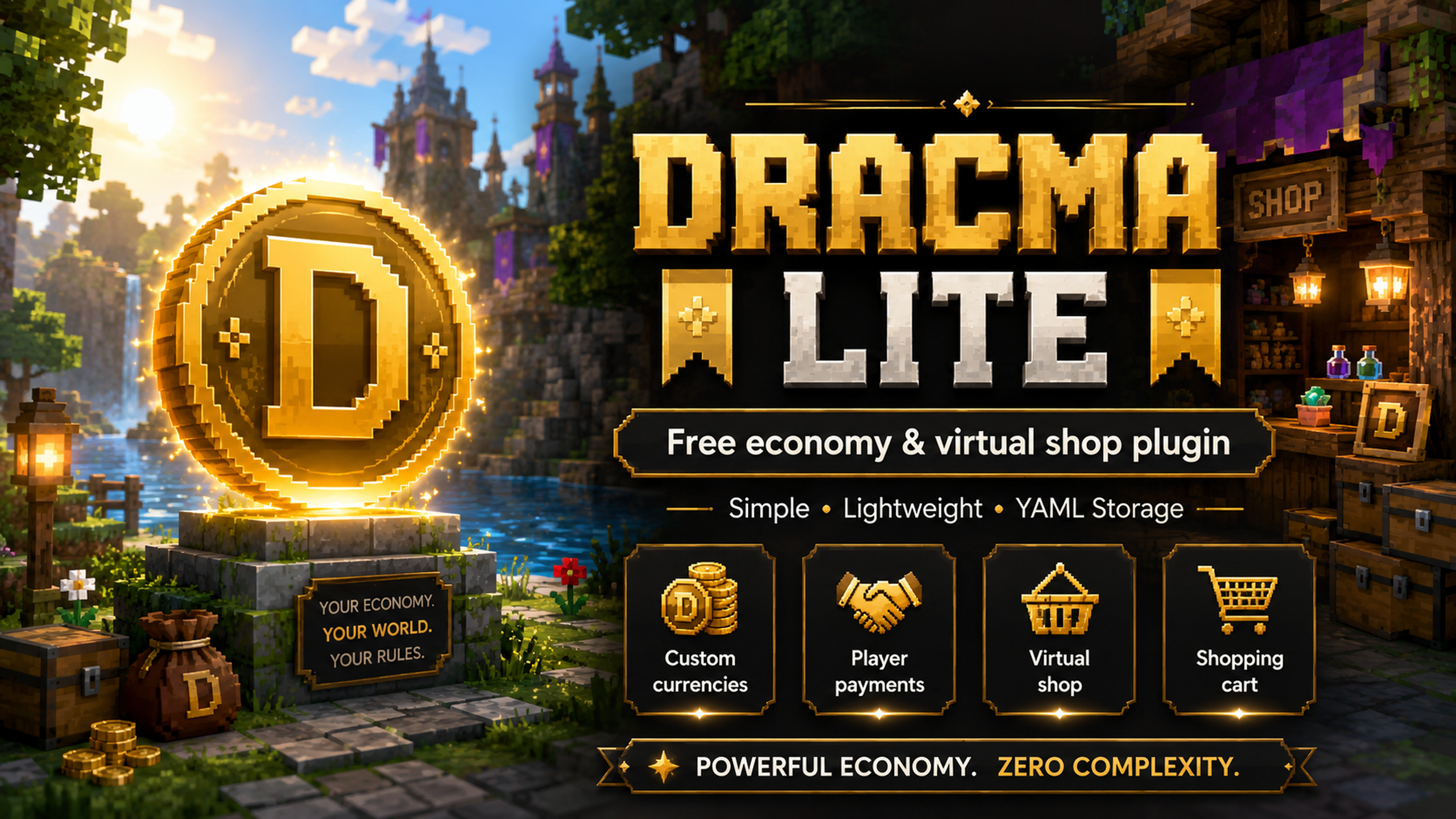 Dracma Lite virtual shop plugin banner showing the plugin name, a Minecraft-style coin, and a short description about creating products and currencies.