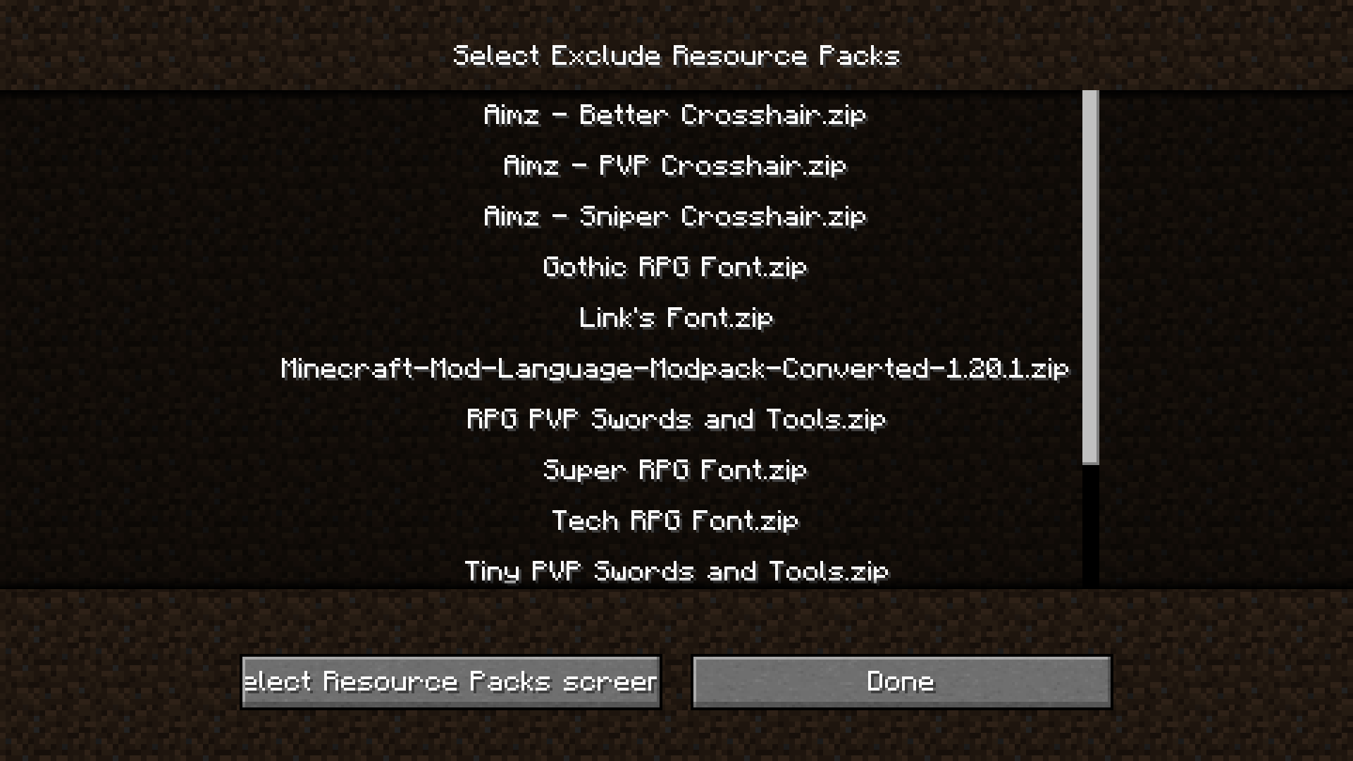 Select Exclude Resource Packs Screen