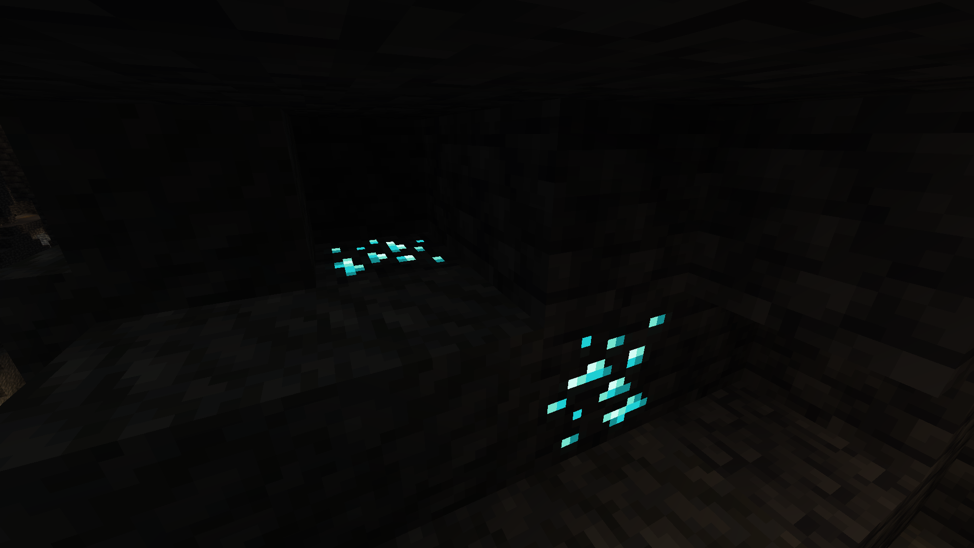 Diamond Ore glowing in a dark cave