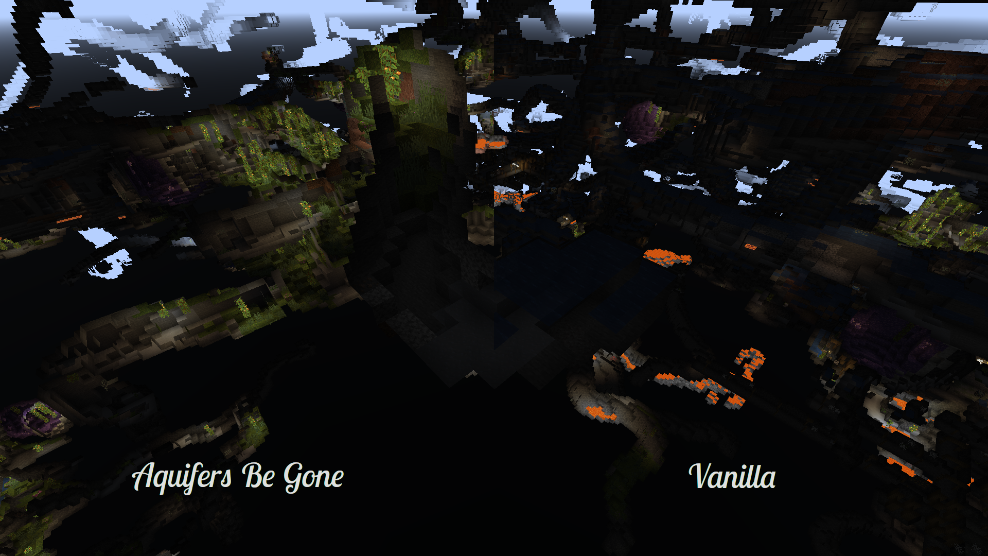 Aquifers Be Gone generation on the left, Vanilla generation on the right. Note this world is an amplified world, normal worlds don't usually have this many of their caves being aquifers.