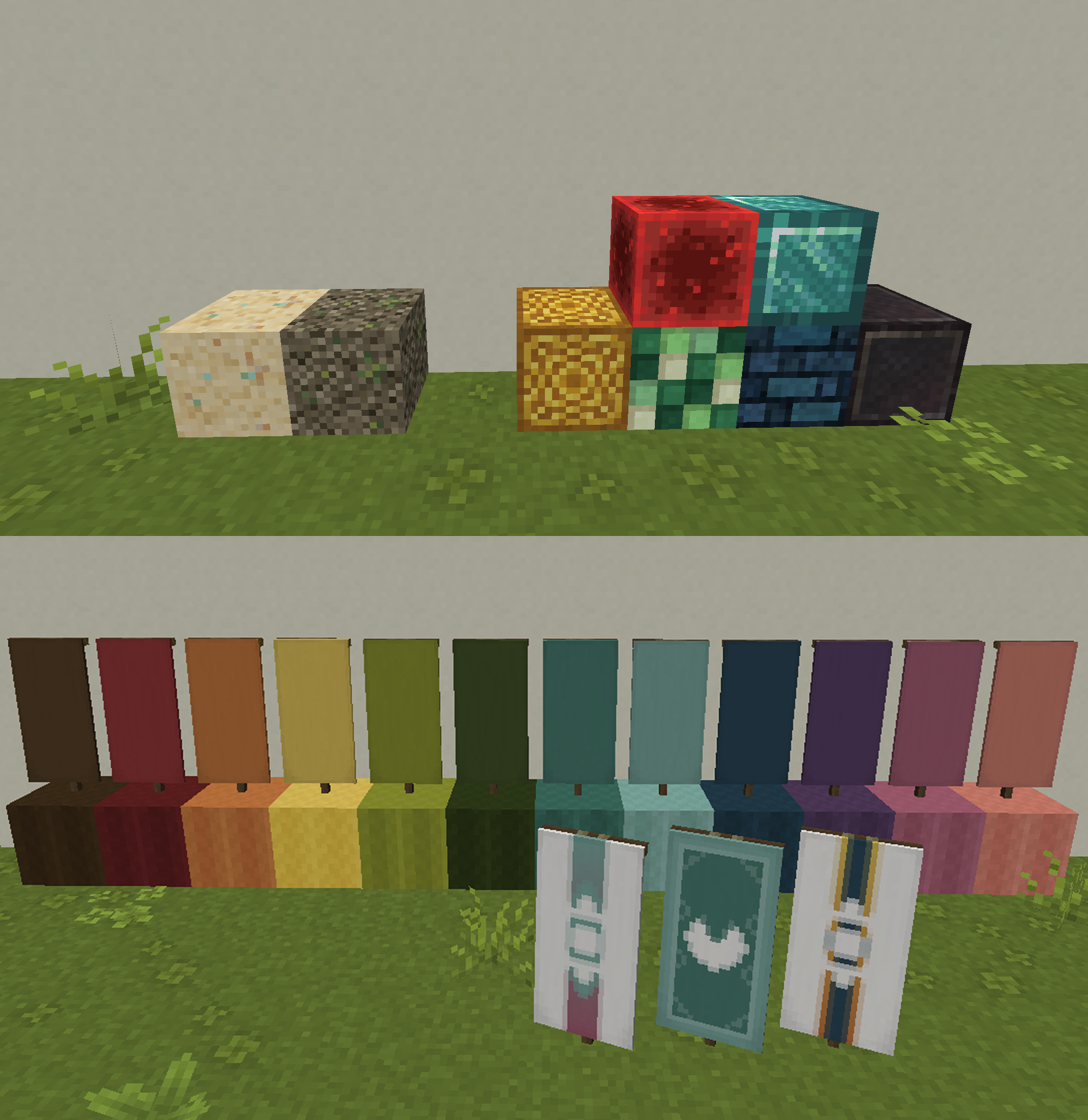 Easier to identify suspicious blocks, distinct textures for Redstone and Diamond block, banner color rematched to wool blocks