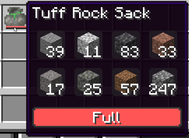 A full rock sack from the mod, holding eight stacks of cobblestone and similar junk.
