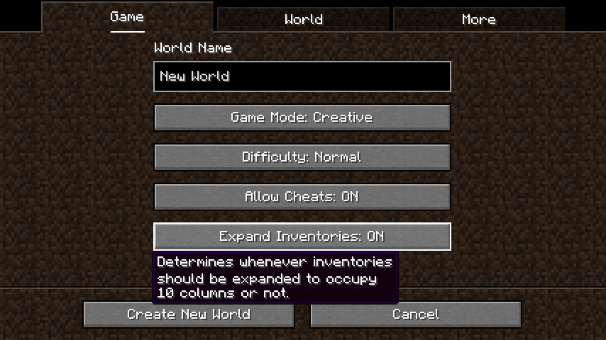 The "Expand Inventories" button on the Create World screen