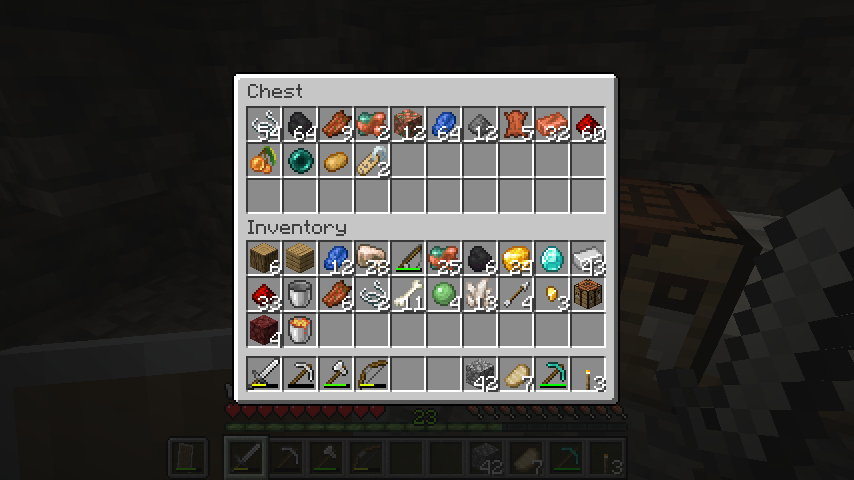 A chest/player inventory expanded by the mod showing progress made by the developer during playtesting. Iron tools, a diamond pickaxe, mob drops, ores of all kinds, and nether items such as netherrack and nether quartz are notable items.