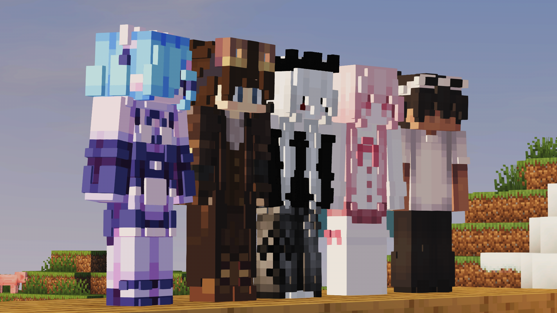 5 minecraft skins lined up with 3d skin layers texture pack and mellow shaders enabled