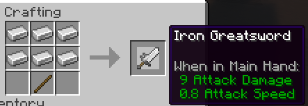 Iron Greatsword recipe: 6 iron ingots over a stick