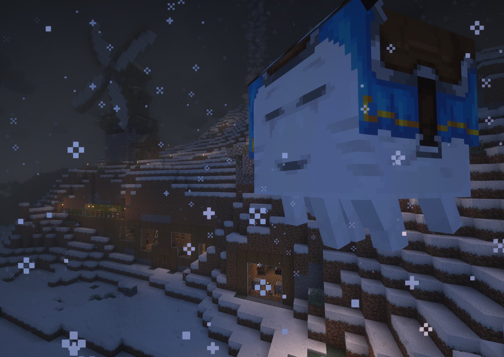 A Happy Ghast next to a create windmill and house