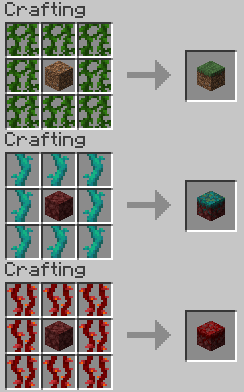 The Grass Block, Warped Nylium, and Crimson Nylium recipes