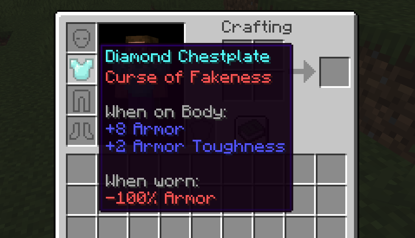 An Image displaying Curse of Fakeness on a Diamond Chestplate