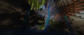 a cave entrance from a taiga biome into an udon cave river, with color gradient waterfalls pouring in