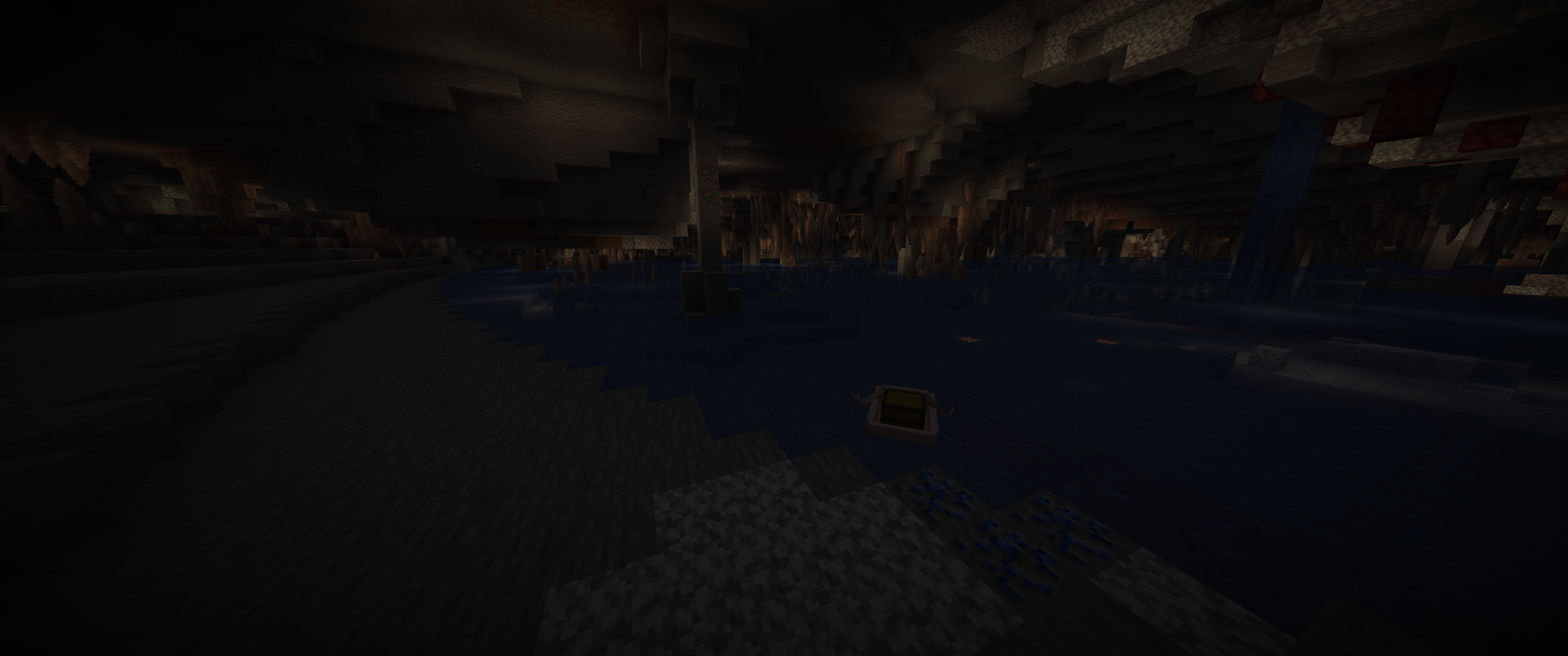 a chestboat parked along the the stony shore of a pancake cave lake transitioning towards a dripstone cave biome