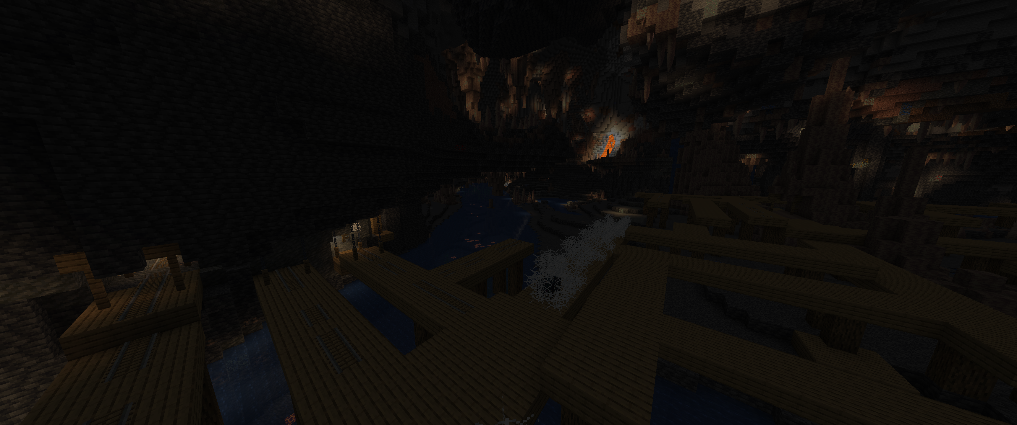 an udon cave river running through a larger cavern with a mineshaft sprawled out