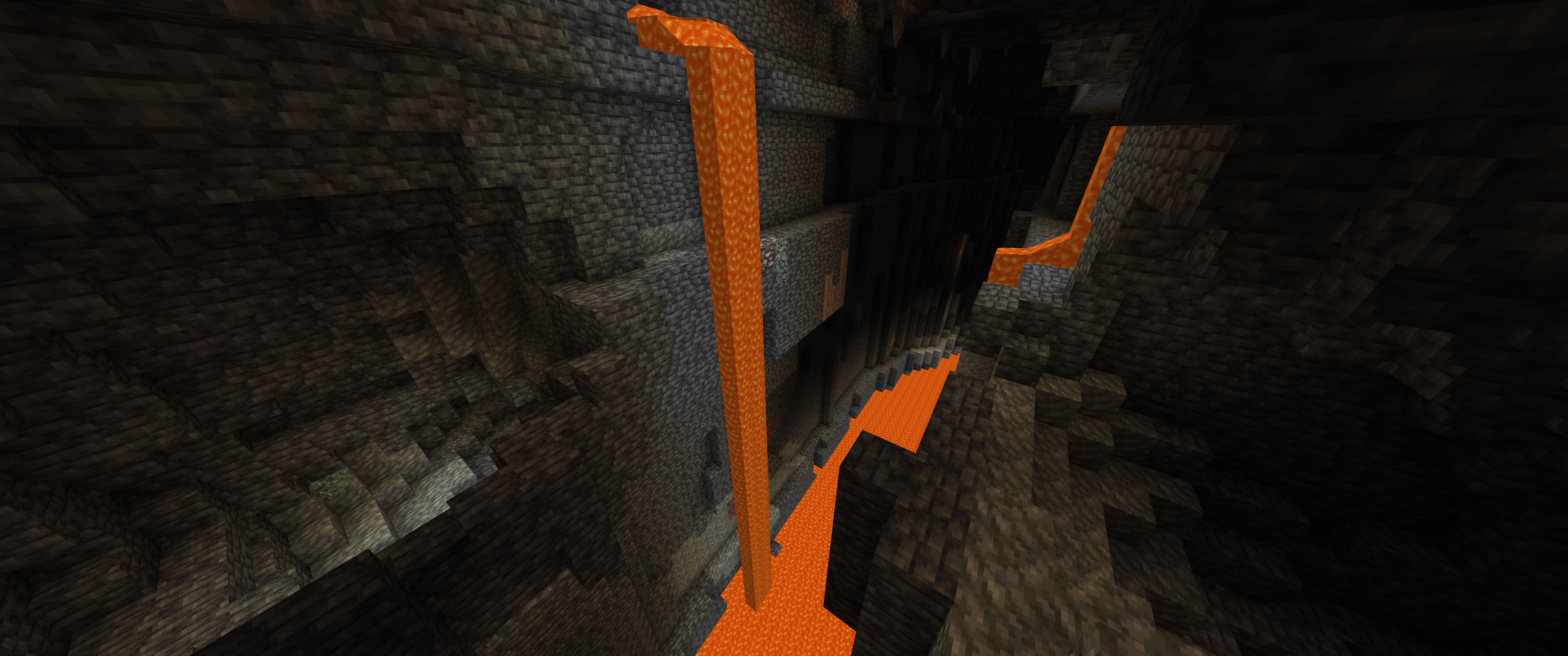 a deepslate-embedded lava level ravine with another cave carver intersecting, and a lava spring pouring out of the wall