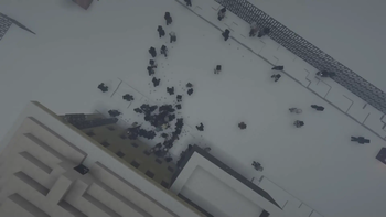 A group of zombies attacking a building