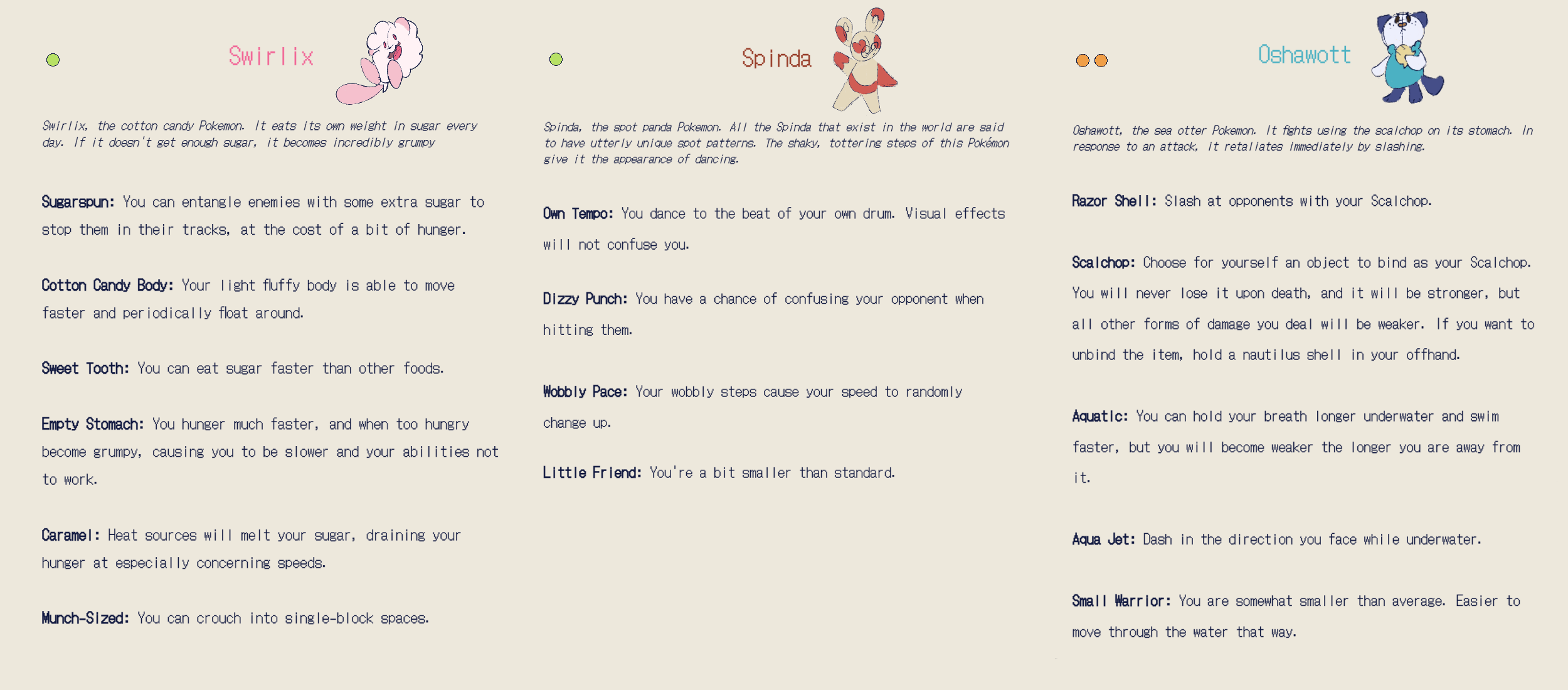 The first set's descriptions, you can unspoil to read them below