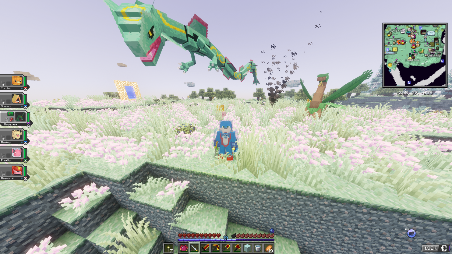 Aether grasslands with Rayquaza and Tropius