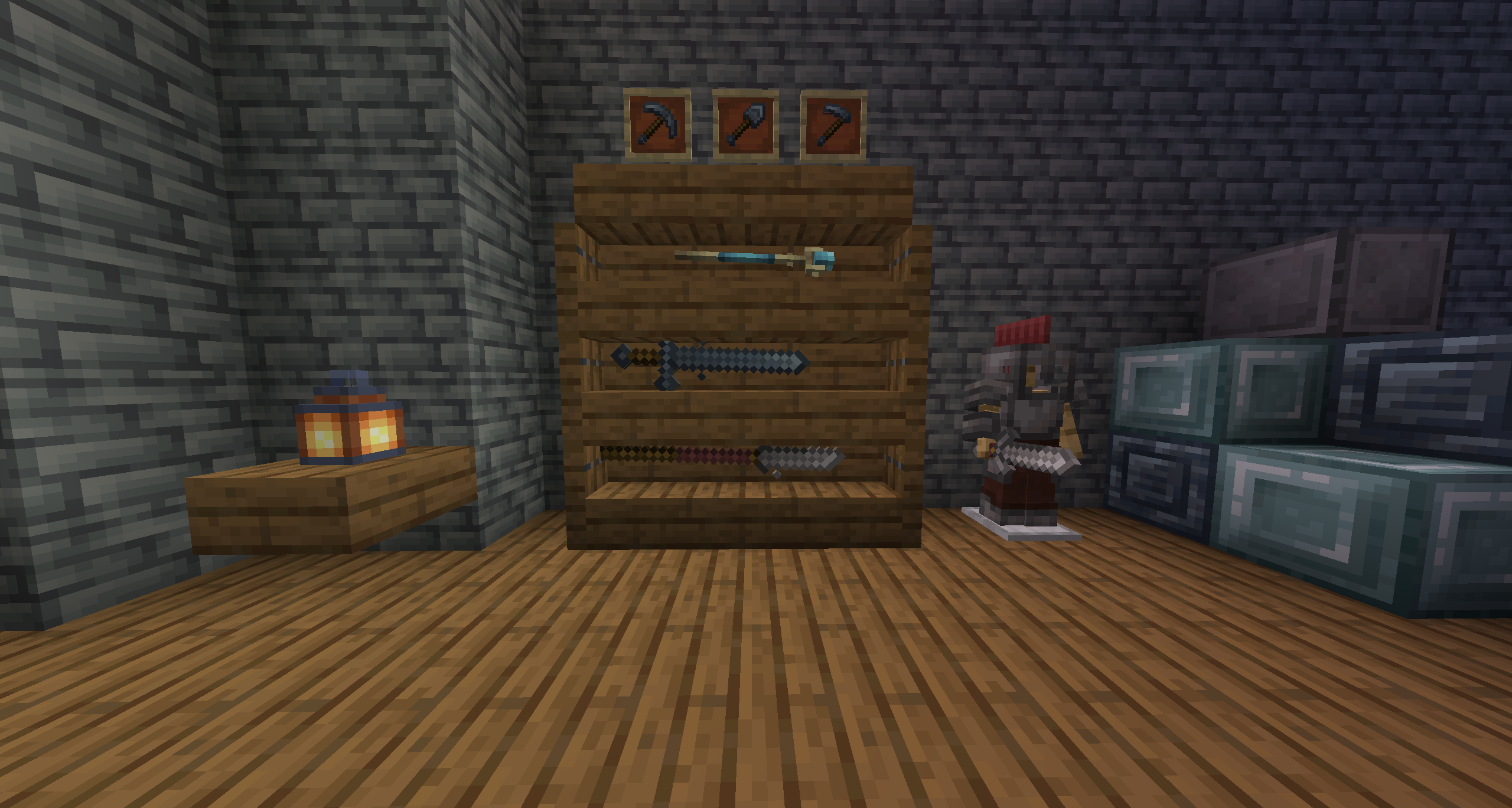 Multiple items/weapons displayed using armor stands and item frames. Platinum tools, steel weapons & armor, the Stormcaller's Staff, and various metallic blocks