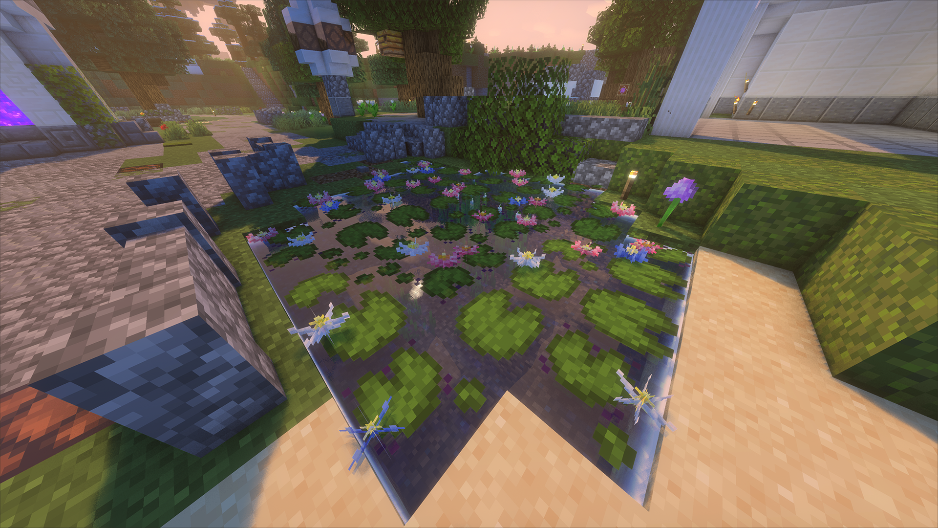 A lake full of flowering lily pads seen with shaders