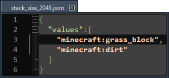 A screenshot of a json titled "stack_size_2048.json, listing two items: minecraft:grass_blocks and "minecraft:dirt". With Data driven stacks, both these items will stack to 2048 in game. 