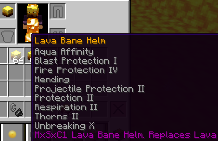 Lava replacement only works while wearing the Lava Bane Helm. Screenshot shows the stats. Fire protection is provided as lava beneath the player is not removed...
