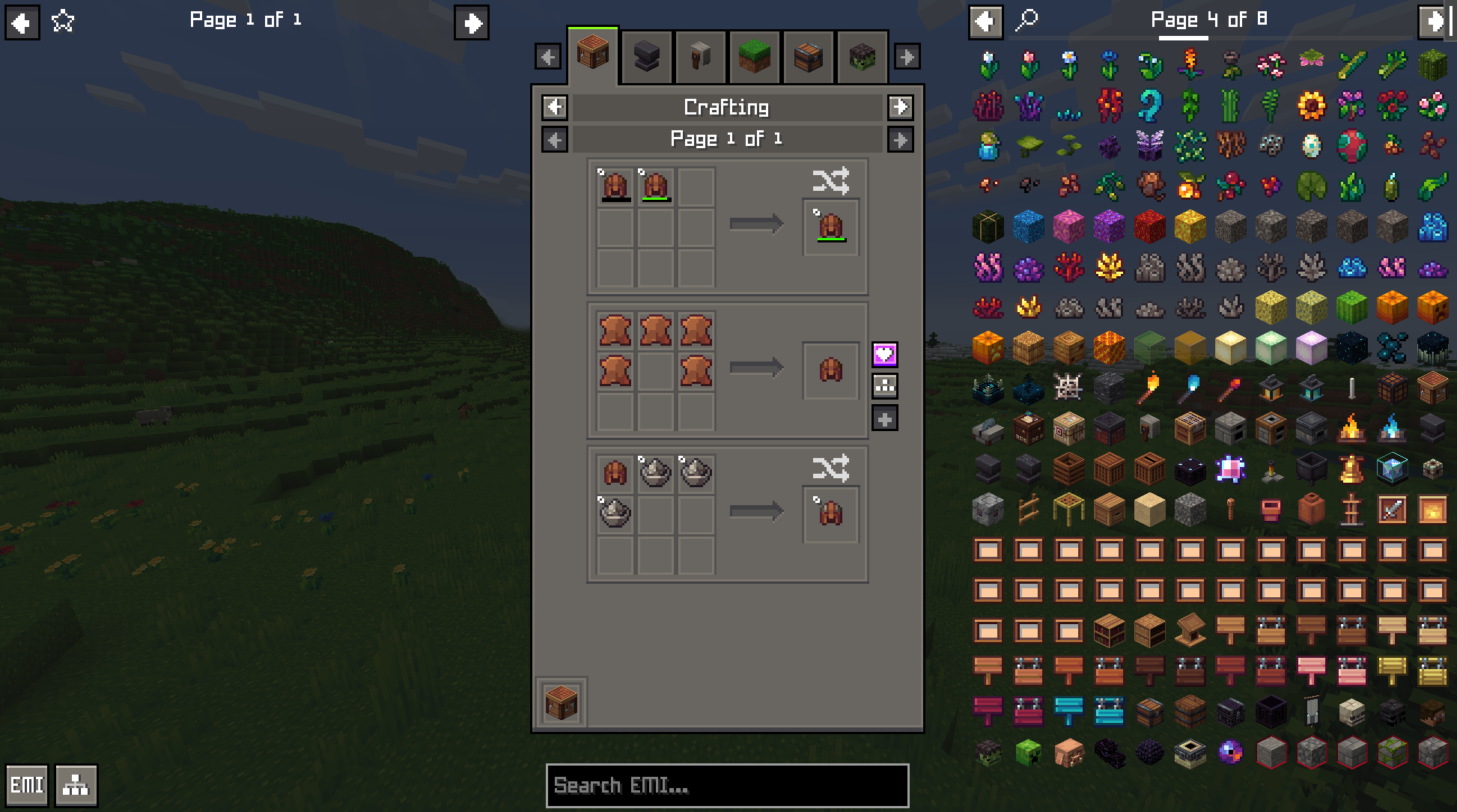 A stylish GUI for the EMI mod. A list of Minecraft items fills the right third of the screen. In the center is an interface that shows various crafting recipes for how to make a leather helmet. The left third is blank, apart from various small buttons from the EMI mod.