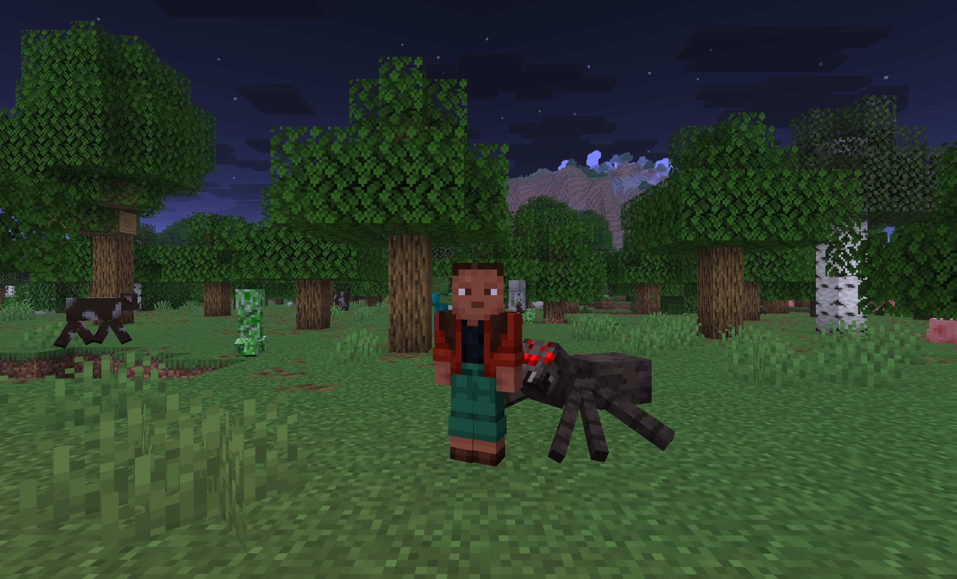 A Solace player at dusk, a spider brushing past and a creeper in the treeline, none of them caring