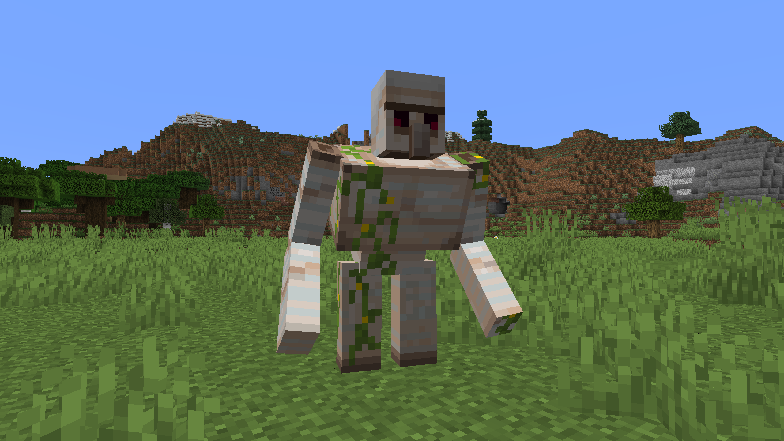 The Iron Golem is standing in the plains biome. There is a dark oak forest and an extreme hills biome in the background.