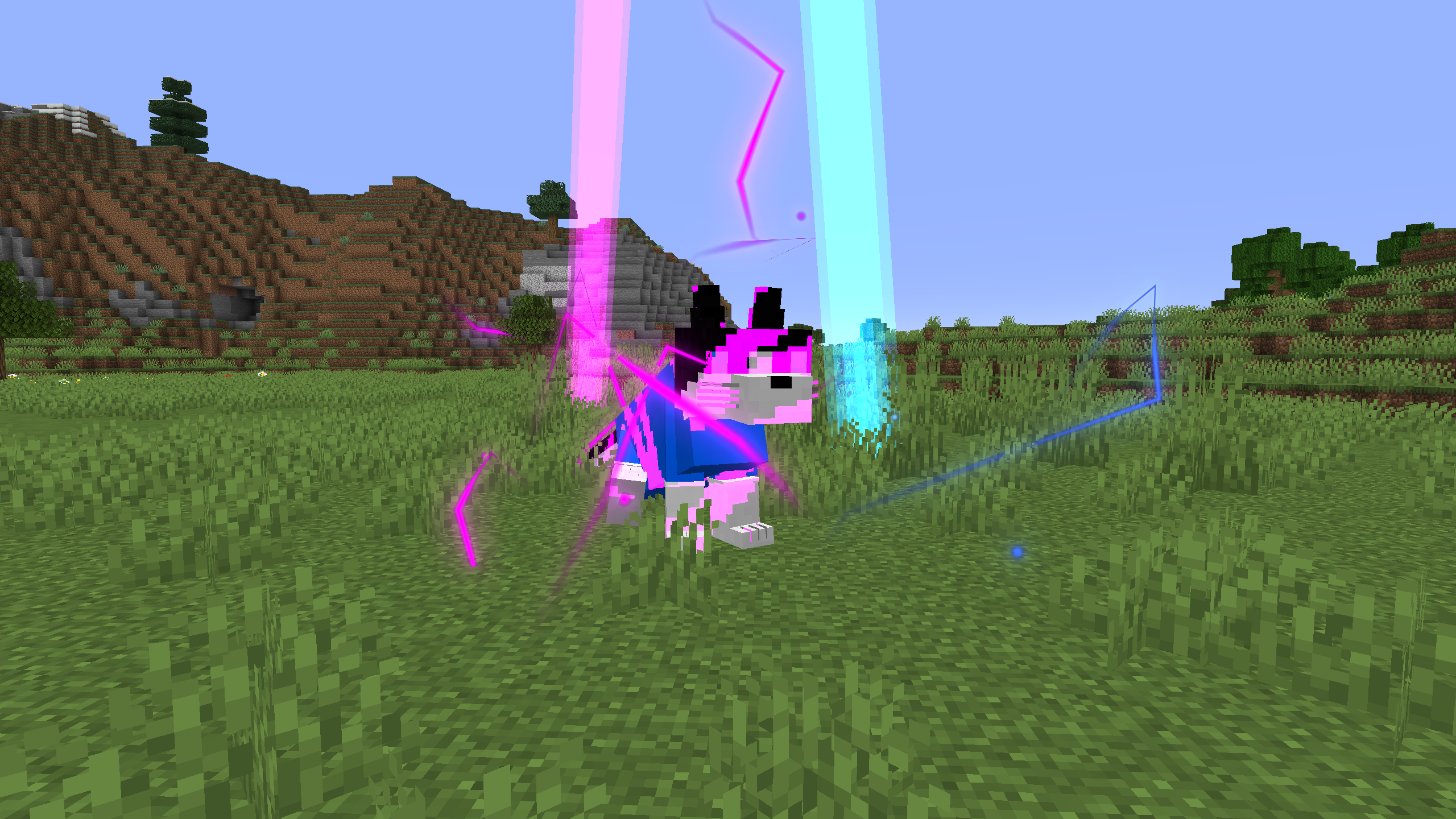 Metapotent Flashfur is sitting in the plains biome. There is a dark oak forest and an extreme hills biome in the background. There are 2 Meta-Lightning bolts next to him, one pink, and one blue.