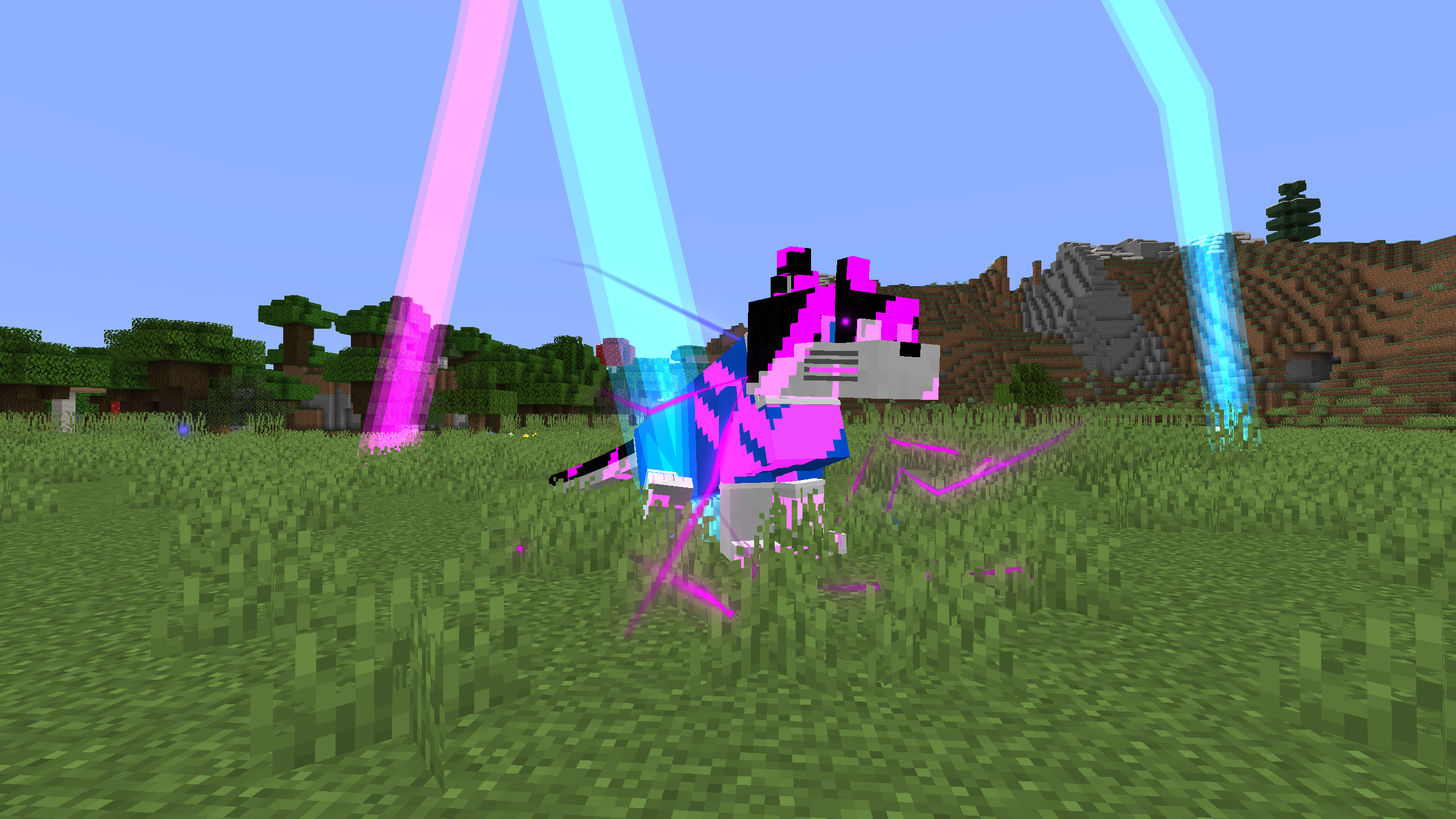 Metapotent Flashfur is sitting in the plains biome. There is a dark oak forest and an extreme hills biome in the background. There are 3 Meta-Lightning bolts next to him, 1 pink, and 2 blue.