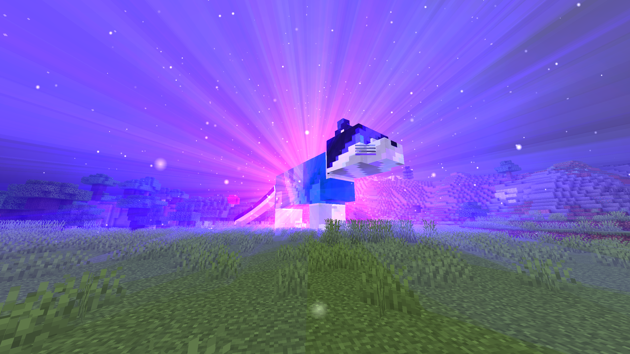 Metapotent Flashfur is standing in the plains biome. There is a dark oak forest and an extreme hills biome in the background.