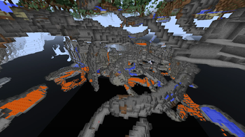 A complex network of caves, ravines, and lava lakes