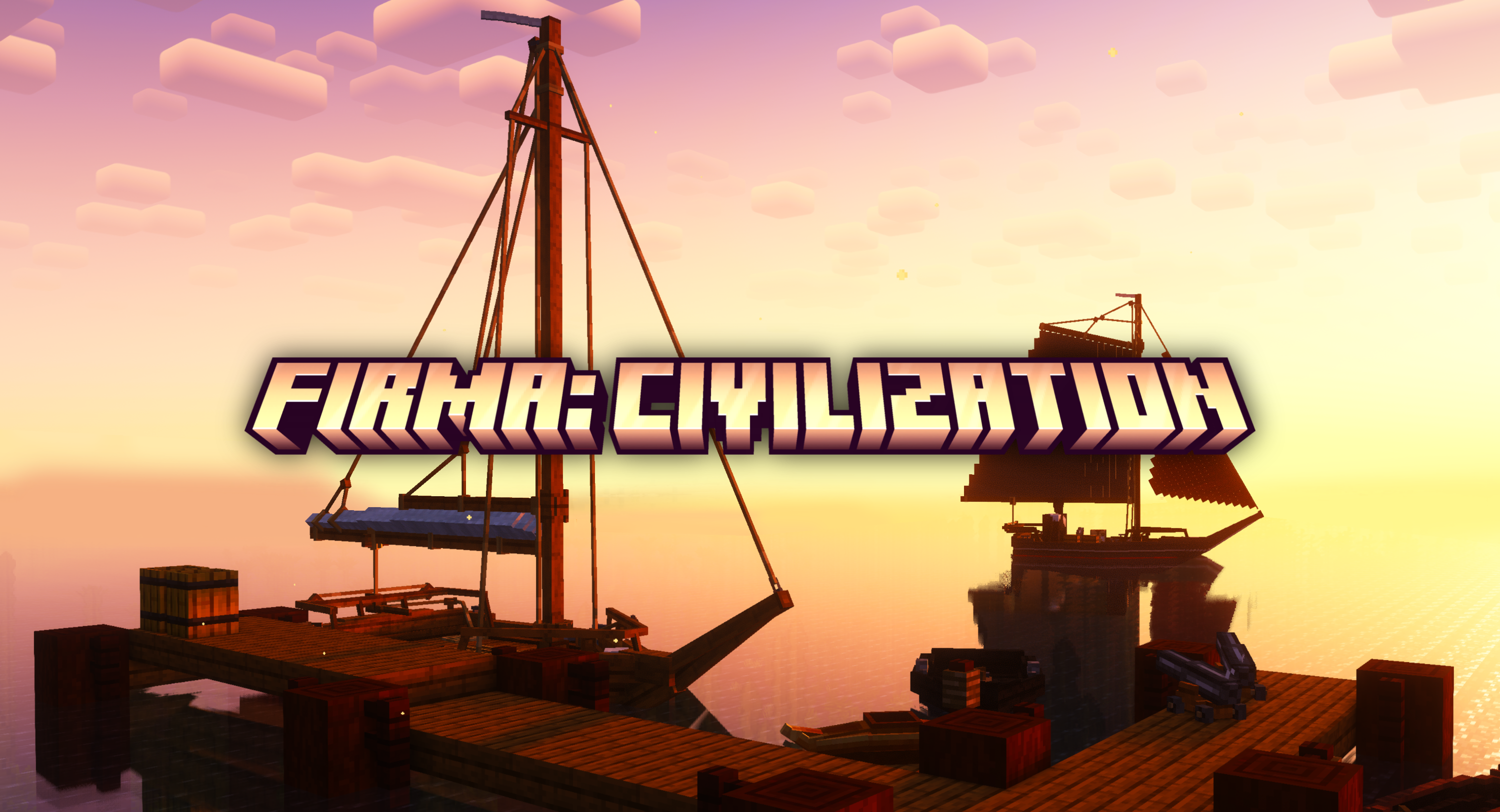 The title "Firma: Civilization" is stylized in a Minecraft font and overlayed on an image of a ship at port while another ship sails in the distance.