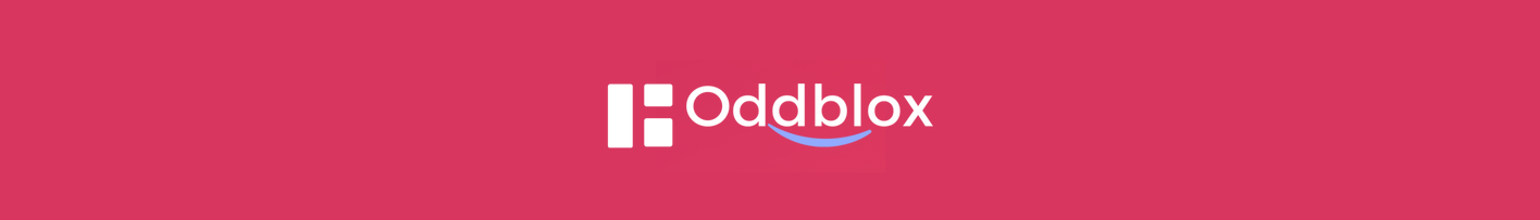 Reddish-pink rectangle with the logo for Oddblox on it.