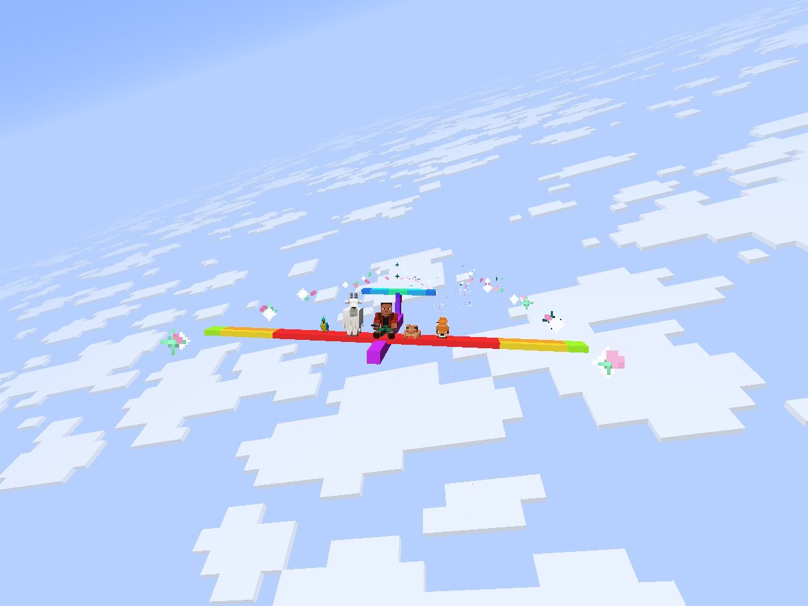 a glider flying above the clouds with animals riding on the wings