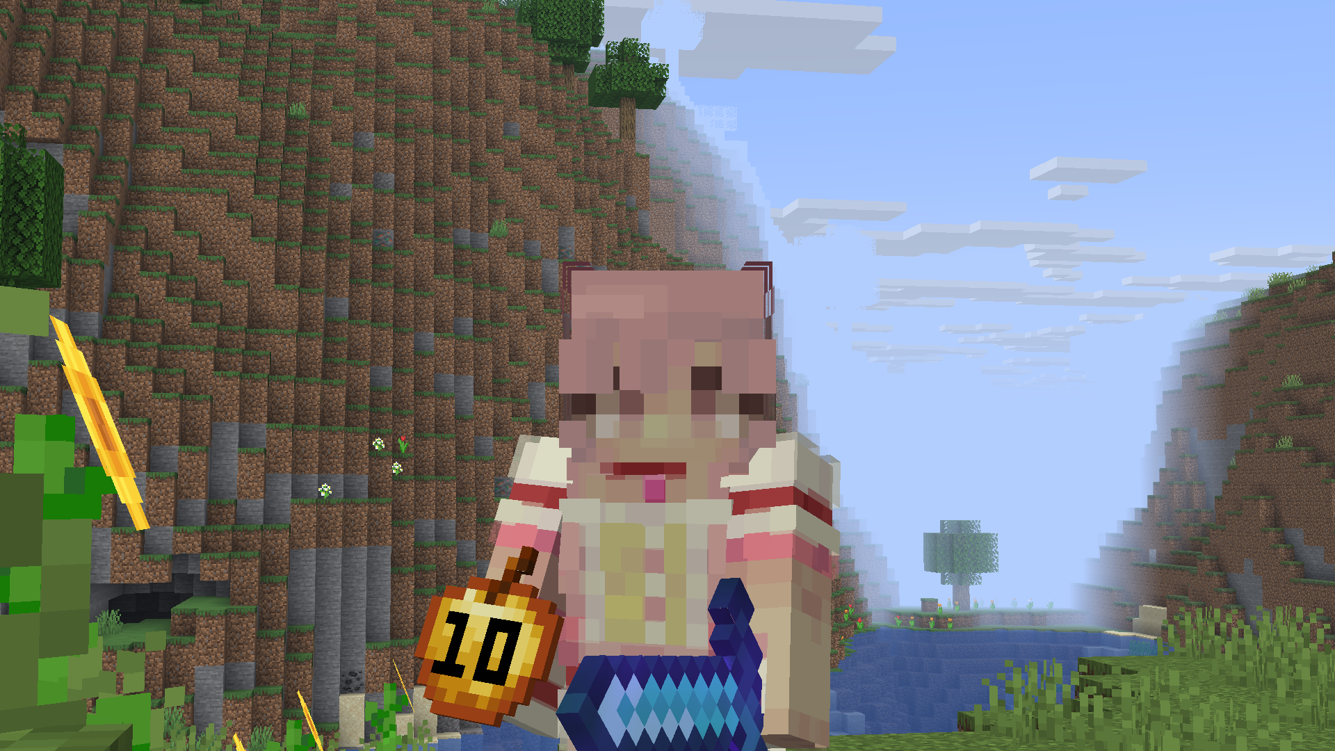 Madoka holding 10 golden apples